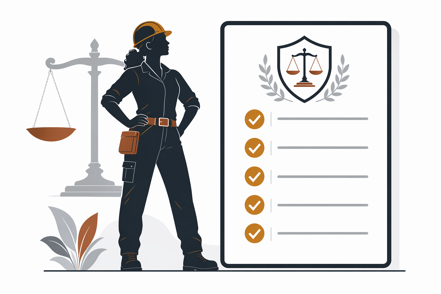 Illustration of a worker standing confidently with a checklist of workplace rights and warm amber accents